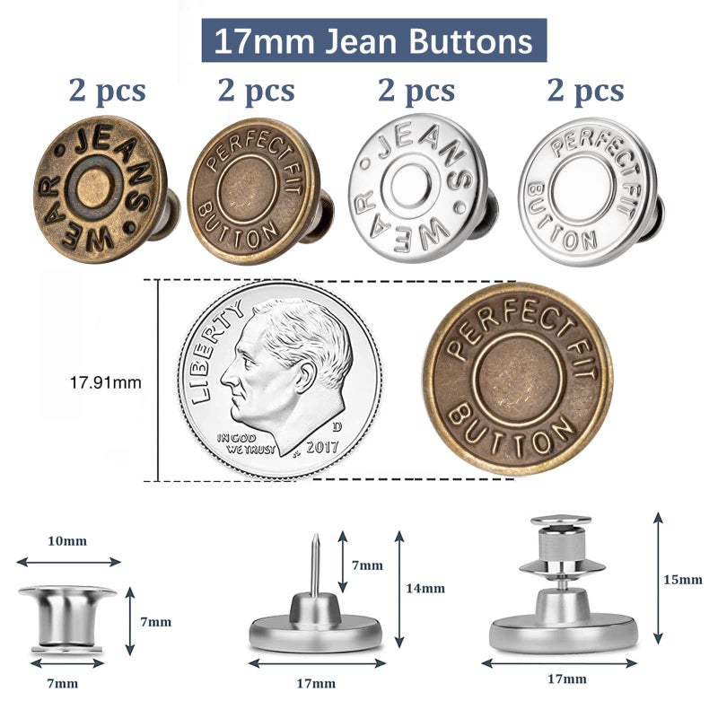 ZENGLU 8 Sets of 17 mm Pants Button Jean Buttons Pins for Loose Jeans  Adjustable Button for Jeans  Reusable and Adjustable Metal Pants Button Tightener - Image 2